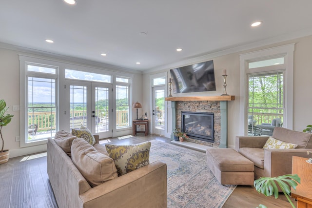 living room with wood finished floors, french doors, crown molding, and recessed lighting