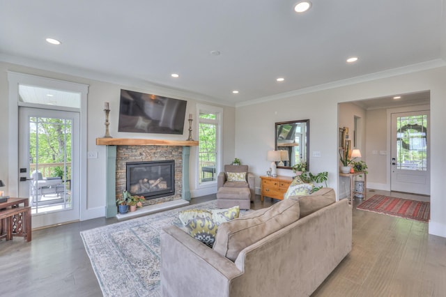 living room featuring ornamental molding and a healthy amount of sunlight