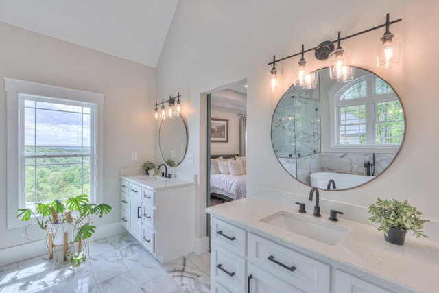 full bath featuring vaulted ceiling, marble finish floor, vanity, a notable chandelier, and a shower