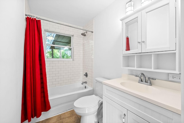 full bath featuring shower / tub combo, vanity, and toilet