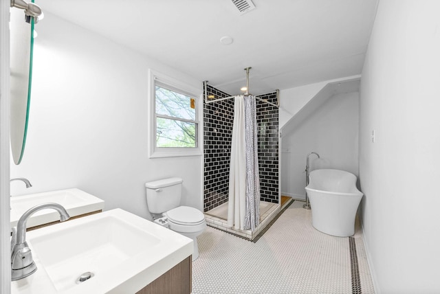 full bathroom with toilet, visible vents, a shower stall, and vanity