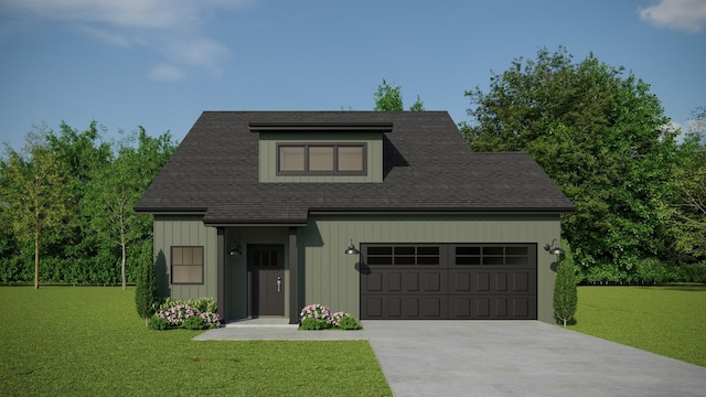 view of front of property featuring roof with shingles, a front yard, driveway, and an attached garage