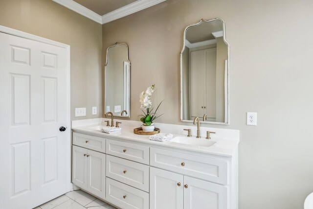 full bathroom featuring a sink, crown molding, and double vanity