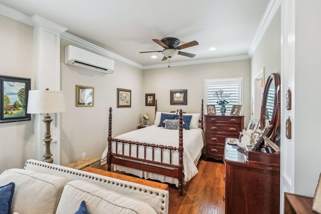 bedroom with crown molding, a wall mounted AC, recessed lighting, and wood finished floors