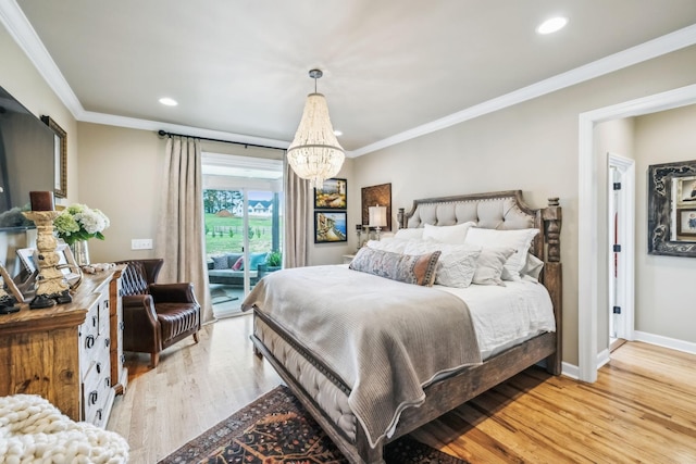 bedroom featuring crown molding, light wood-style floors, access to outside, recessed lighting, and a notable chandelier