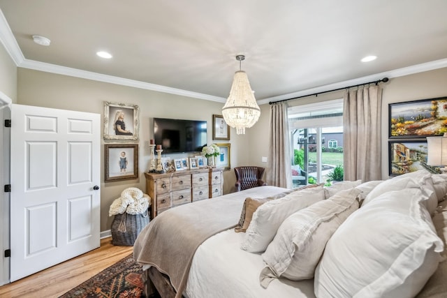 bedroom with an inviting chandelier, ornamental molding, wood finished floors, and recessed lighting