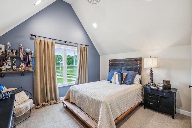 carpeted bedroom with recessed lighting, baseboards, and vaulted ceiling