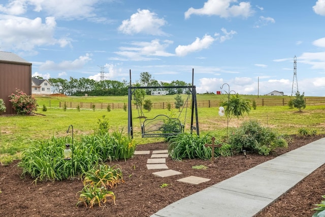 view of yard featuring fence and a rural view