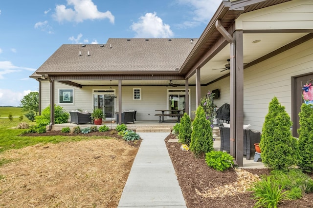 rear view of property featuring a shingled roof, a patio, and ceiling fan