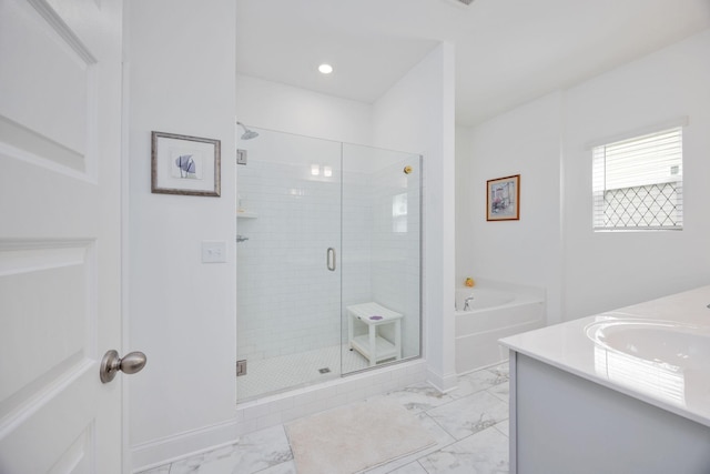 2137 Creekland View Blvd, Nashville, TN 37207 - bathroom featuring a bath, a shower stall, vanity, and marble look tile flooring
