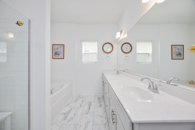 2137 Creekland View Blvd, Nashville, TN 37207 - bathroom with marble look tile flooring, a garden tub, double vanity, and healthy amount of natural light