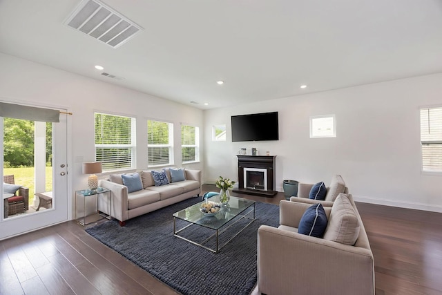 2137 Creekland View Blvd, Nashville, TN 37207 - living room featuring dark wood-style flooring, plenty of natural light, a fireplace with raised hearth, and recessed lighting