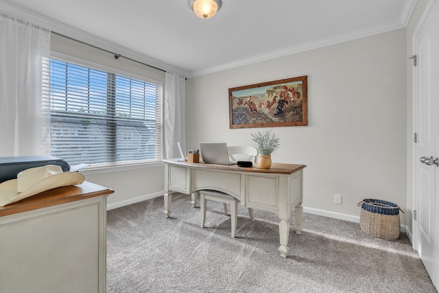 home office featuring baseboards, ornamental molding, and carpet