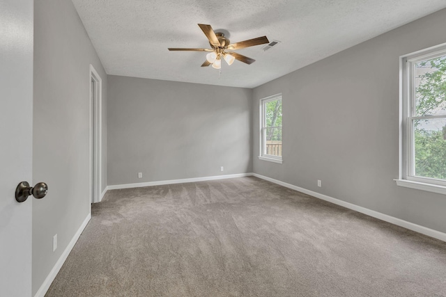 spare room with a textured ceiling, ceiling fan, carpet, and plenty of natural light