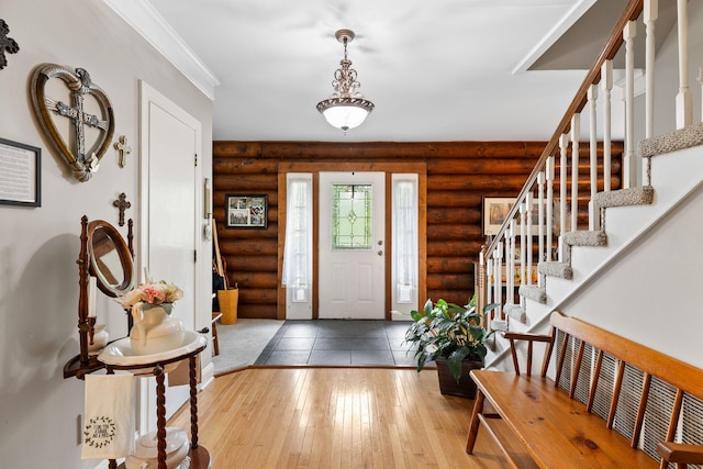 209 Green Valley Blvd, Franklin, TN 37064 - entrance foyer with rustic walls, stairs, and hardwood / wood-style floors