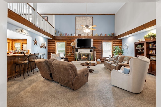 209 Green Valley Blvd, Franklin, TN 37064 - living room with rustic walls, a high ceiling, carpet, and ceiling fan