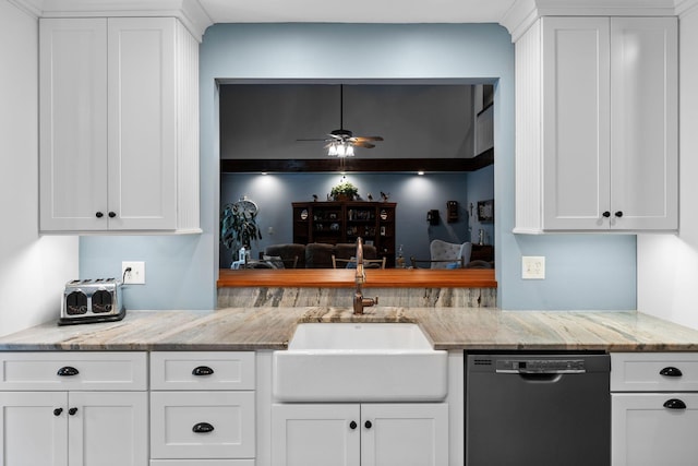 209 Green Valley Blvd, Franklin, TN 37064 - kitchen with a ceiling fan, light stone countertops, a sink, dishwashing machine, and white cabinetry
