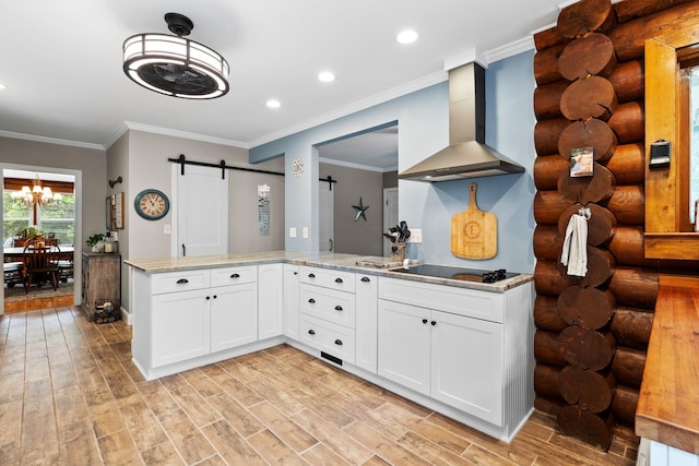 209 Green Valley Blvd, Franklin, TN 37064 - kitchen with a barn door, black electric stovetop, light wood-style floors, wall chimney exhaust hood, and a peninsula