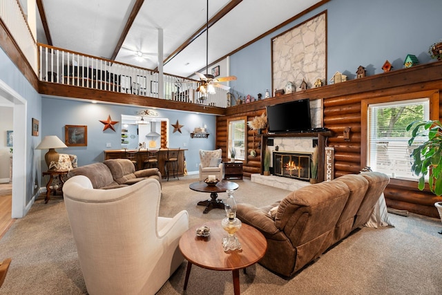 209 Green Valley Blvd, Franklin, TN 37064 - carpeted living area with a high end fireplace, log walls, a ceiling fan, and high vaulted ceiling