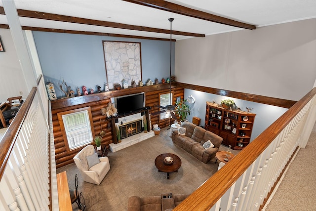 209 Green Valley Blvd, Franklin, TN 37064 - carpeted living room with a glass covered fireplace and beam ceiling