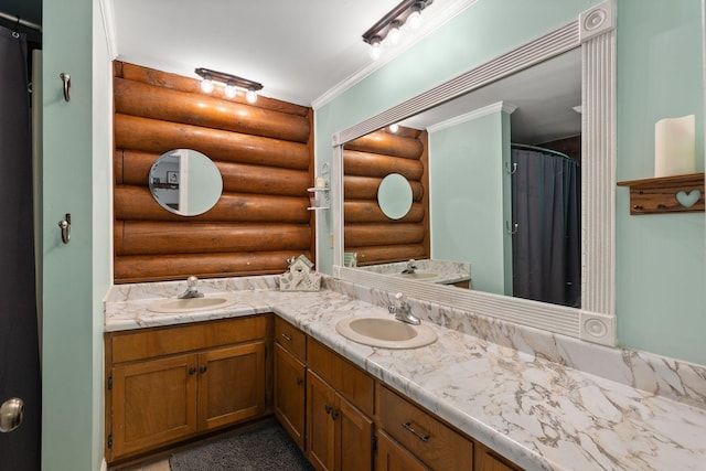 209 Green Valley Blvd, Franklin, TN 37064 - bathroom featuring a sink, log walls, double vanity, and a shower with shower curtain