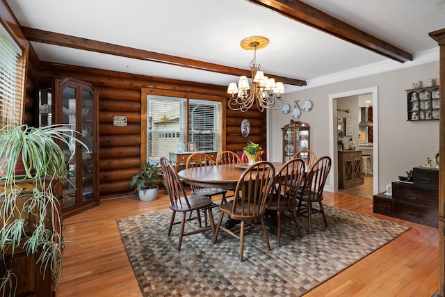 209 Green Valley Blvd, Franklin, TN 37064 - dining room with beamed ceiling, a notable chandelier, log walls, and light wood finished floors