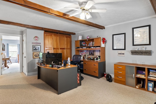 209 Green Valley Blvd, Franklin, TN 37064 - home office featuring a textured ceiling, ceiling fan, beam ceiling, and light carpet
