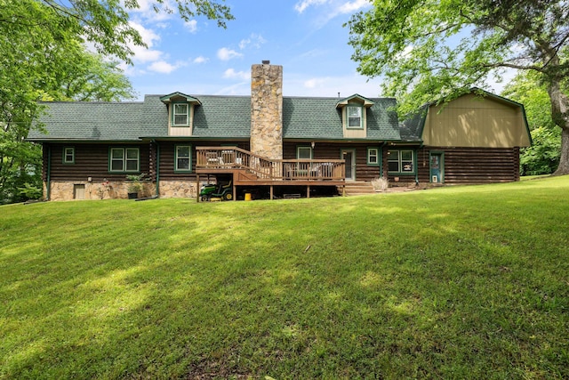209 Green Valley Blvd, Franklin, TN 37064 - back of property with a chimney, roof with shingles, a deck, log siding, and a yard