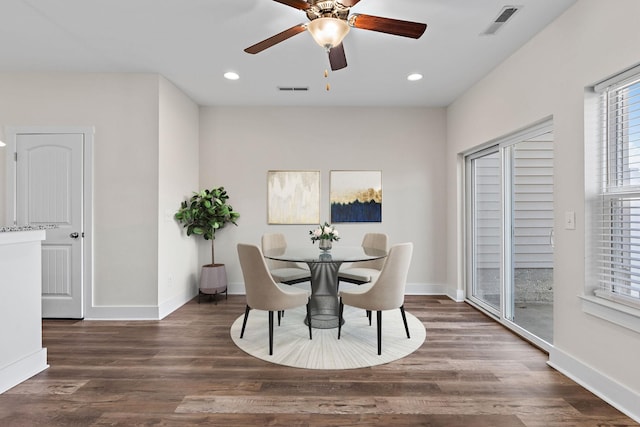 dining room featuring recessed lighting, a ceiling fan, visible vents, and wood finished floors