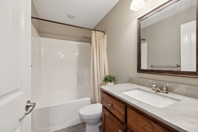 bathroom featuring tile patterned floors, vanity, toilet, and shower / tub combo with curtain