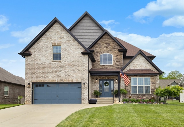 craftsman inspired home with concrete driveway, brick siding, an attached garage, and a front yard