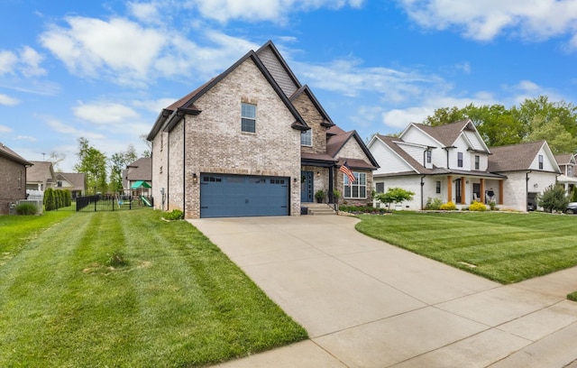 view of front of property featuring a front yard, brick siding, concrete driveway, an attached garage, and a residential view