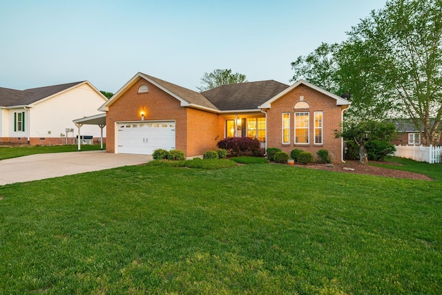 view of front of house featuring concrete driveway, brick siding, an attached garage, and a front yard