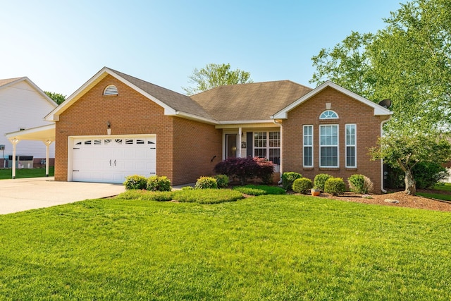 ranch-style home featuring brick siding, driveway, a front lawn, and a garage