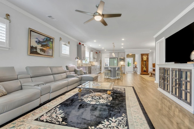 1072 Sumner Grv, Spring Hill, TN 37174 - living room featuring a ceiling fan, visible vents, ornamental molding, and light wood-style flooring