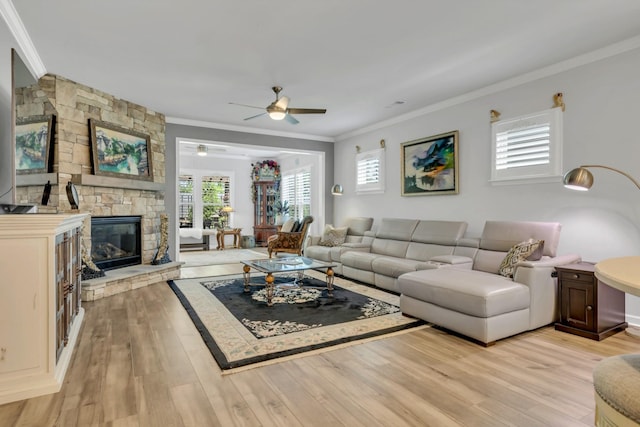 1072 Sumner Grv, Spring Hill, TN 37174 - living area with crown molding, light wood-style flooring, ceiling fan, and a healthy amount of sunlight