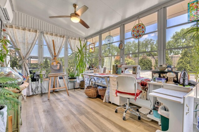 1072 Sumner Grv, Spring Hill, TN 37174 - home office featuring ceiling fan, floor to ceiling windows, wood finished floors, vaulted ceiling, and a wall mounted AC