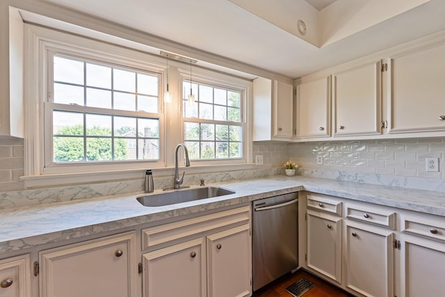 kitchen featuring visible vents, plenty of natural light, stainless steel dishwasher, and a sink