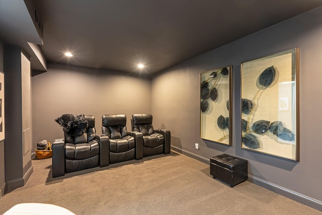 home theater with recessed lighting, carpet floors, and baseboards