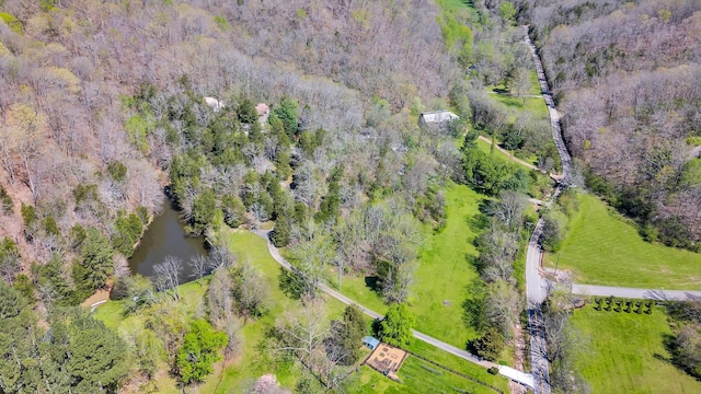 drone / aerial view featuring a water view and a wooded view