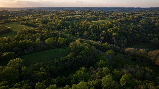 drone / aerial view featuring a forest view