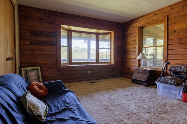 carpeted living area with wood walls and a wealth of natural light