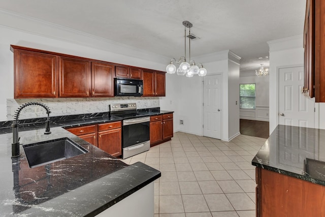 7347 Autumn Crossing Way, Brentwood, TN 37027 - kitchen with stainless steel range with electric stovetop, black microwave, a sink, ornamental molding, and tasteful backsplash