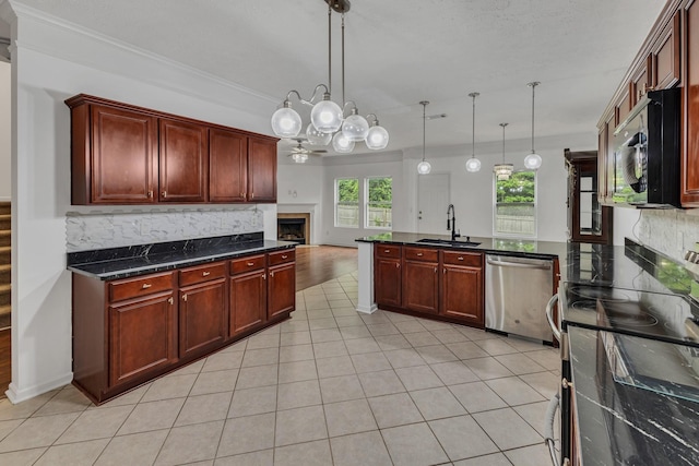 7347 Autumn Crossing Way, Brentwood, TN 37027 - kitchen with dishwasher, a sink, electric range, a fireplace, and decorative backsplash