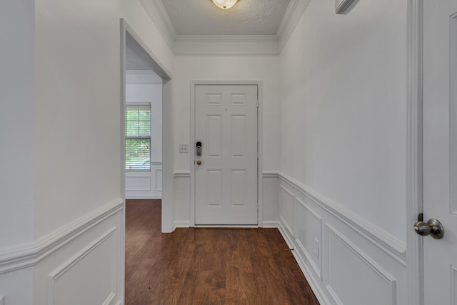 7347 Autumn Crossing Way, Brentwood, TN 37027 - entryway with ornamental molding, a wainscoted wall, a decorative wall, dark wood-type flooring, and a textured ceiling