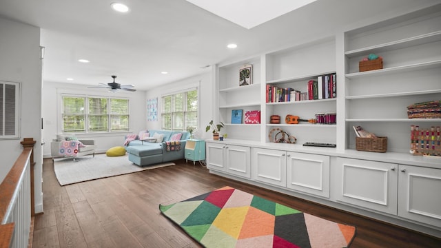 recreation room with dark wood-style flooring, ceiling fan, recessed lighting, and visible vents