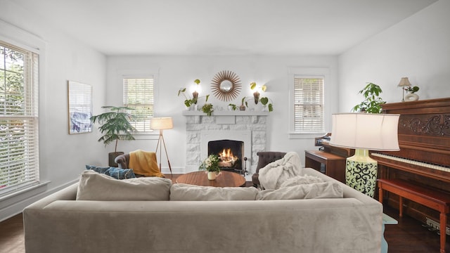 living room featuring dark wood-style floors, a stone fireplace, and plenty of natural light