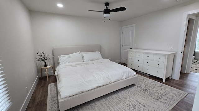 bedroom featuring baseboards, recessed lighting, ceiling fan, and dark wood-style flooring