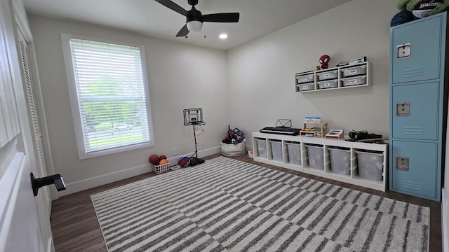 recreation room featuring wood finished floors, ceiling fan, recessed lighting, and baseboards