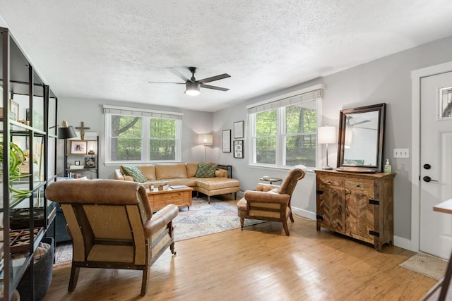 5070 Ridge Rd, Joelton, TN 37080 - living room with a ceiling fan, a textured ceiling, light wood finished floors, and plenty of natural light